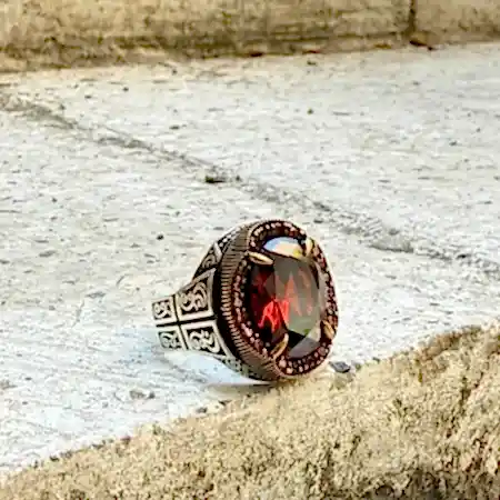 Lal doğal taşlı rüzgar motifli oksitli 925 ayar el yapımı gümüş erkek yüzük modeli
