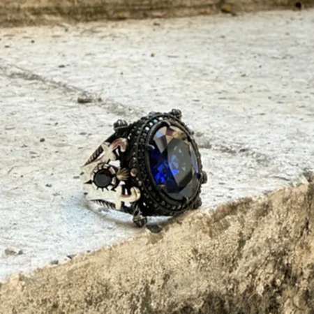 Mavi fasetli kesim zirkon taşlı 925 ayar el yapımı erkek gümüş yüzük modeli