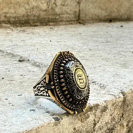 Mührü Şerif desenli 925 ayar el yapımı gümüş erkek yüzük modeli